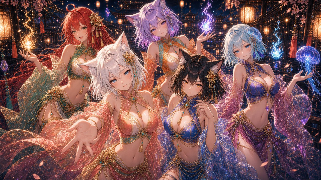 色彩豊かな衣装をまとった五人の妖怪キャラクター