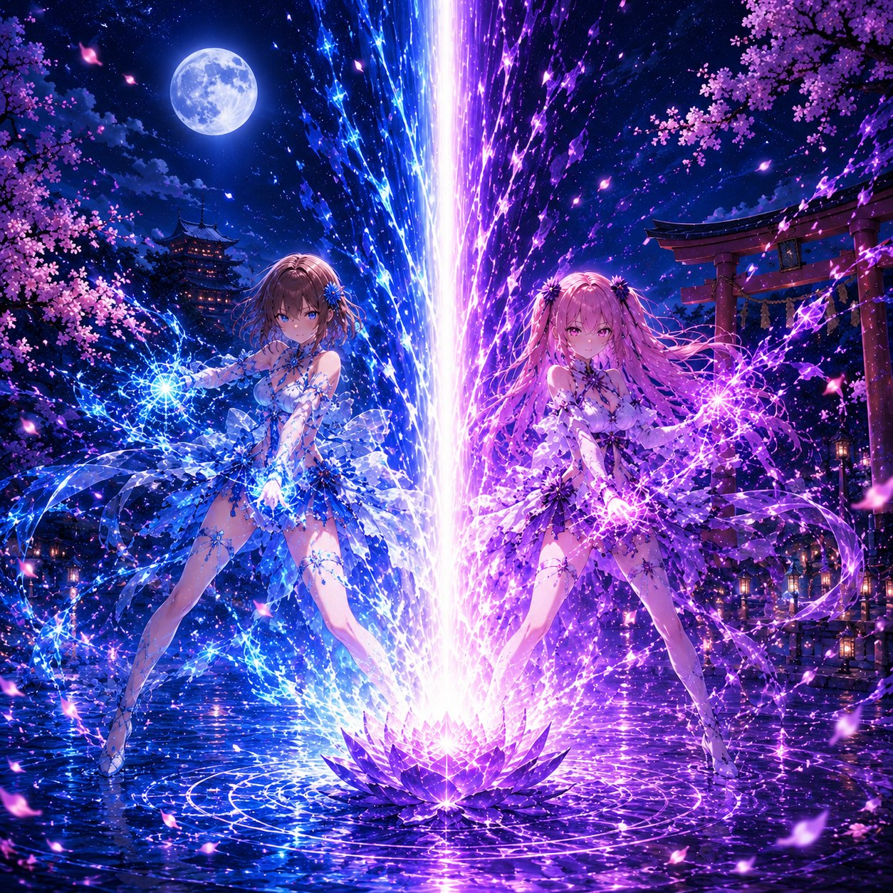 月夜の神域で青と紫の術を共鳴させる二人の妖術士