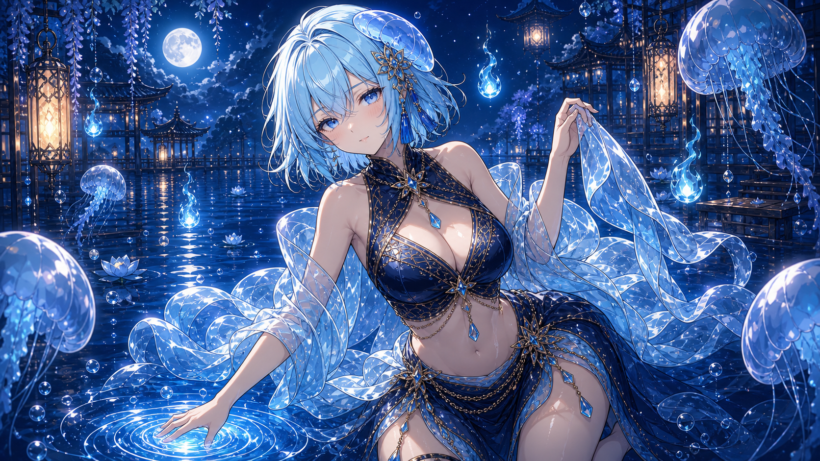 水色の髪と水を思わせる衣装の妖怪キャラクター