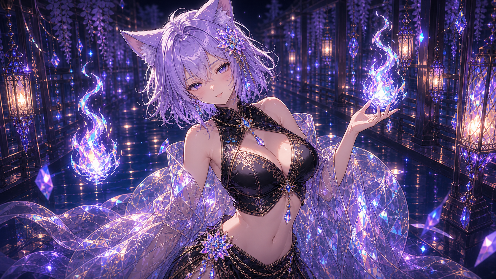 ラベンダー色の狐耳を持つ妖怪キャラクター