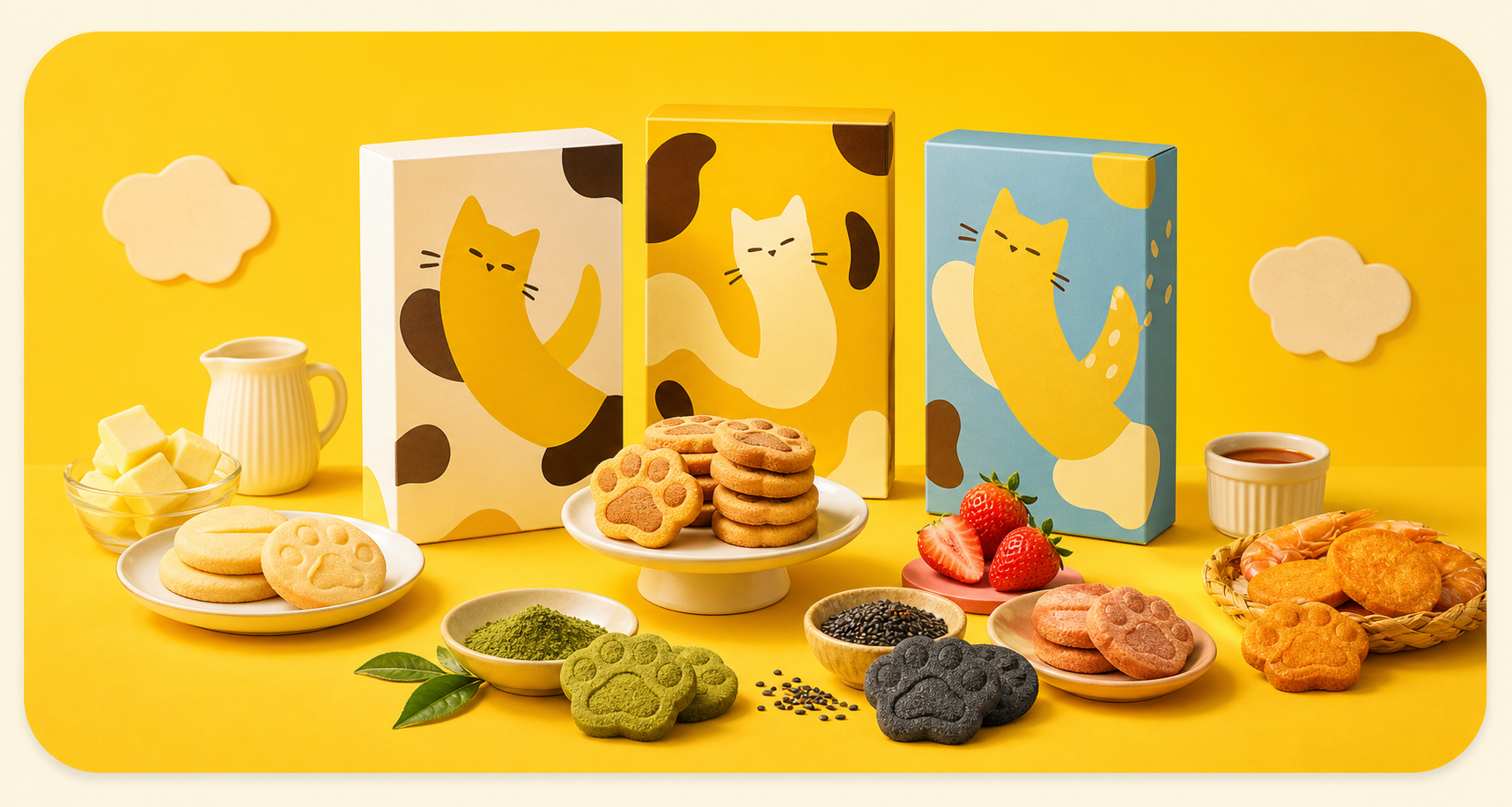 ねこななクッキーの架空パッケージとフレーバー素材