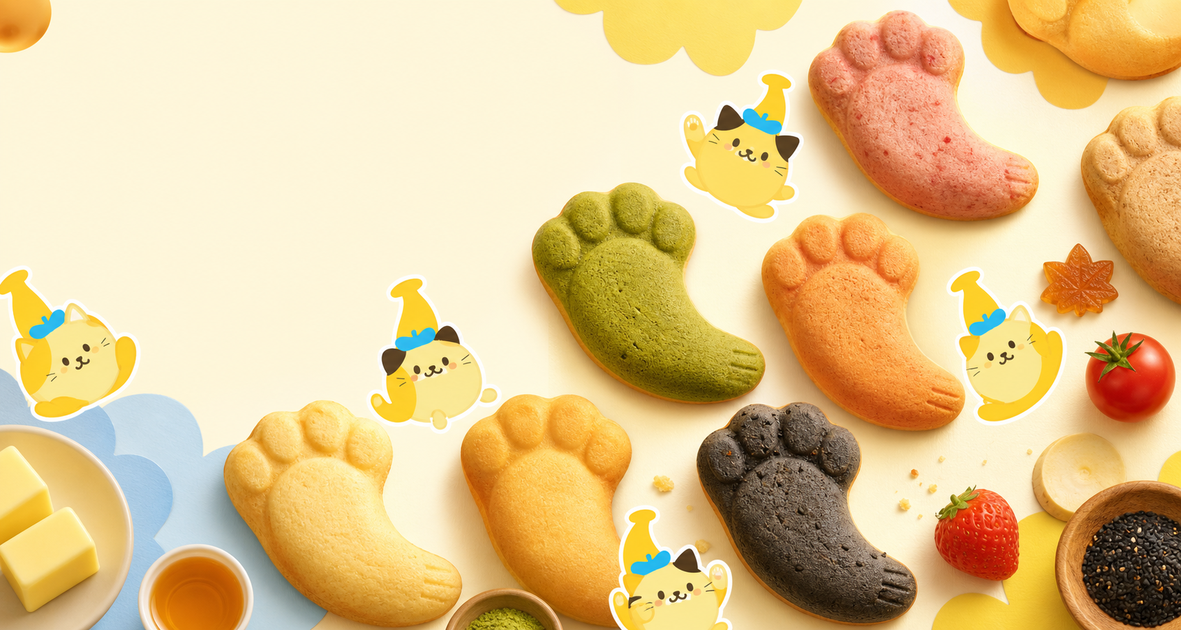 猫の足あととバナナを思わせるクッキーが散らばったビジュアル