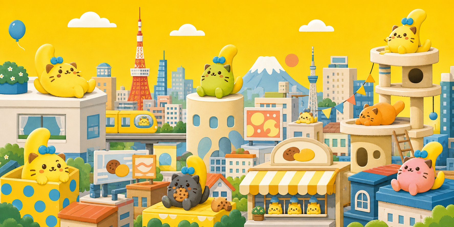 ねこなな達が暮らす架空の街のイラスト