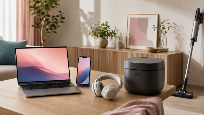 ノートPC、スマートフォン、ヘッドホン、調理家電、コードレス掃除機を並べた2026年おすすめガジェット・家電のイメージ