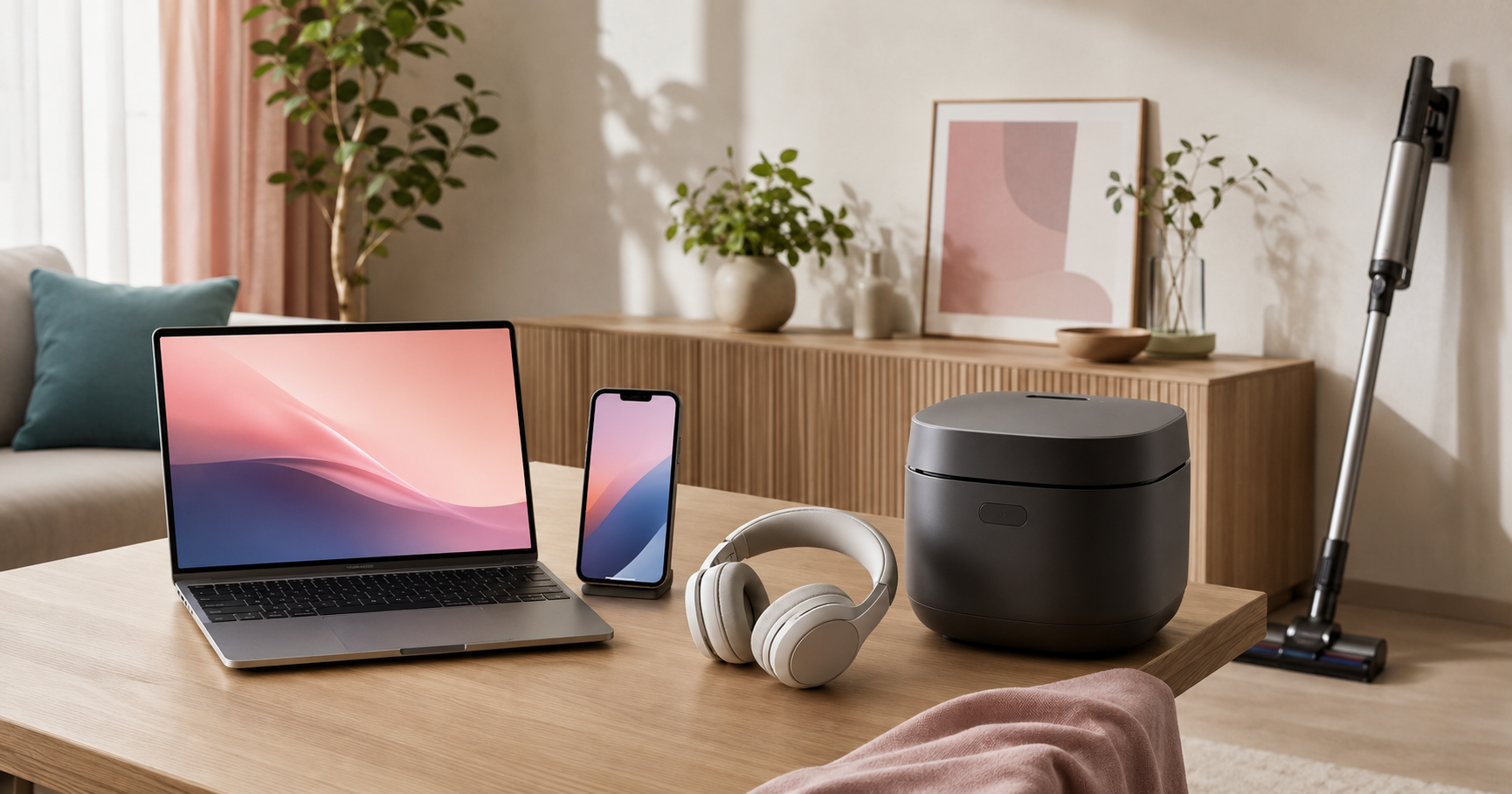 ノートPC、スマートフォン、ヘッドホン、調理家電、コードレス掃除機を並べた2026年おすすめガジェット・家電のイメージ