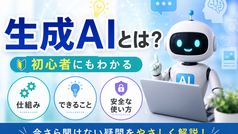 生成AIの仕組み・できること・安全な使い方を初心者向けに解説するイメージ