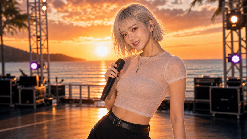 夕日の海辺ステージで歌う女性ボーカル