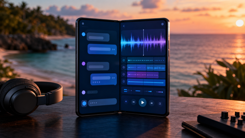 折りたたみスマホの左画面に会話AI、右画面に音楽波形を表示したAI作曲イメージ