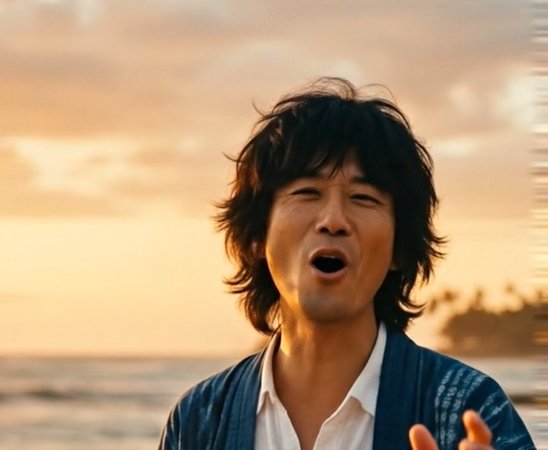 2回目の生成結果。夕暮れの海辺で歌う、これも別人の男性