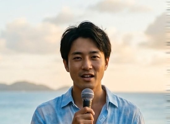 3回目の生成結果。海辺でマイクを持つ爽やかな印象の青年