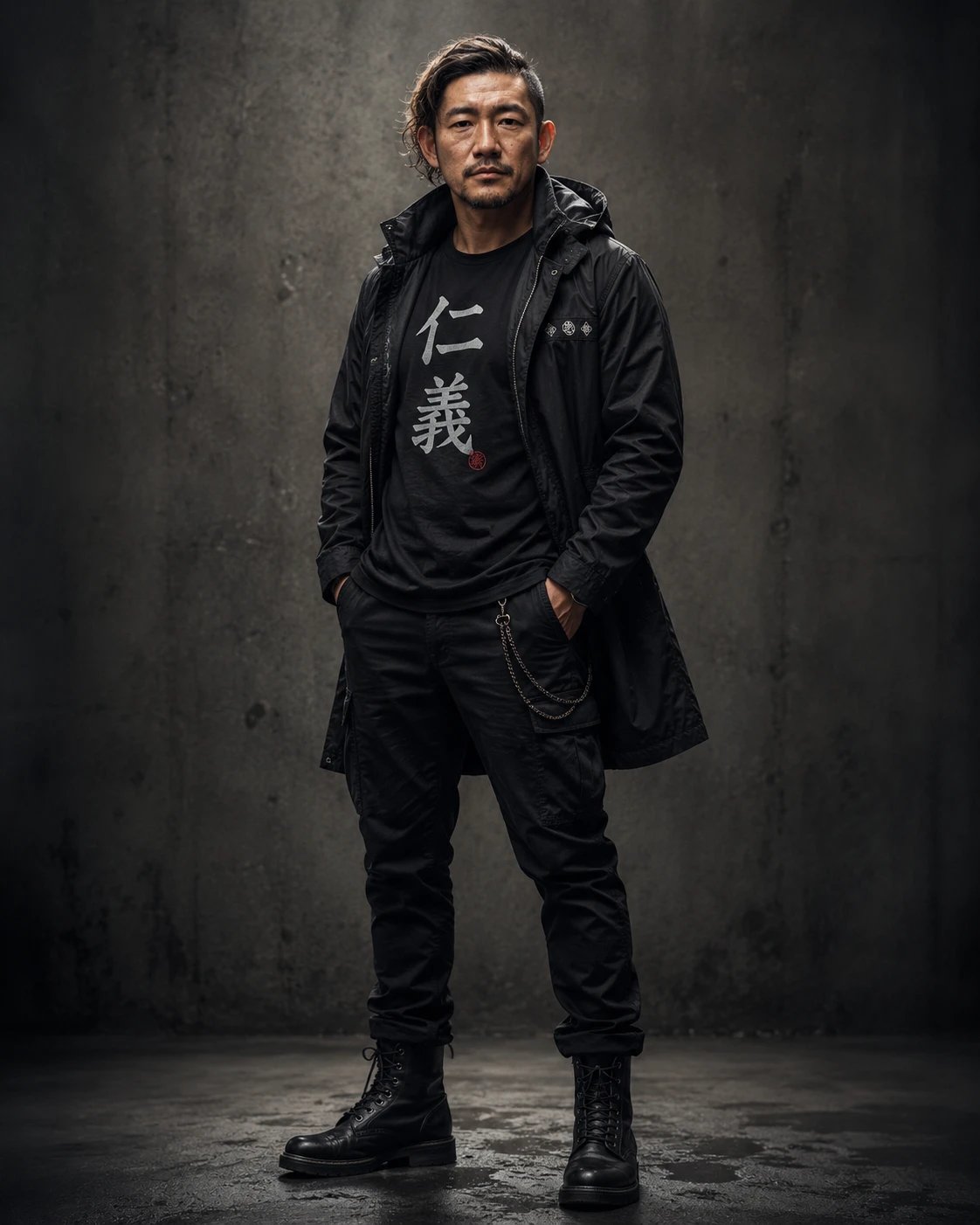 ChatGPTで生成した参照用の全身画像。黒のロングコートにプリントTシャツ、ウォレットチェーン、ブーツ
