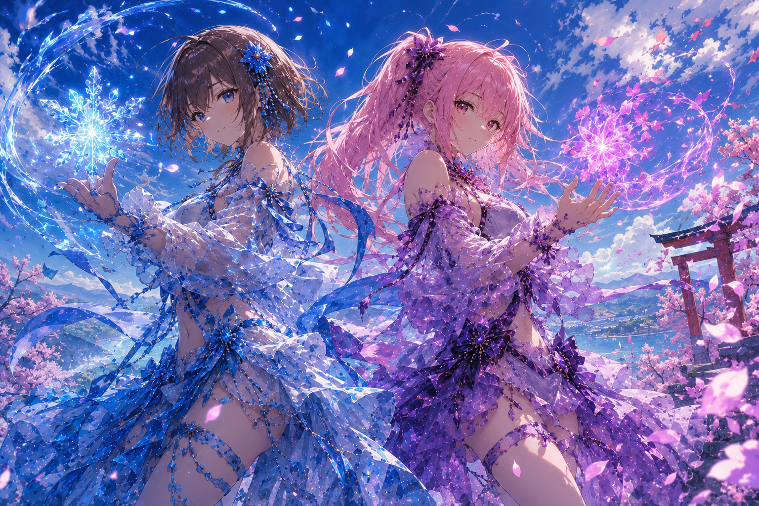 桜吹雪の空を氷と紫炎の力で舞う妖術巫女コンビ