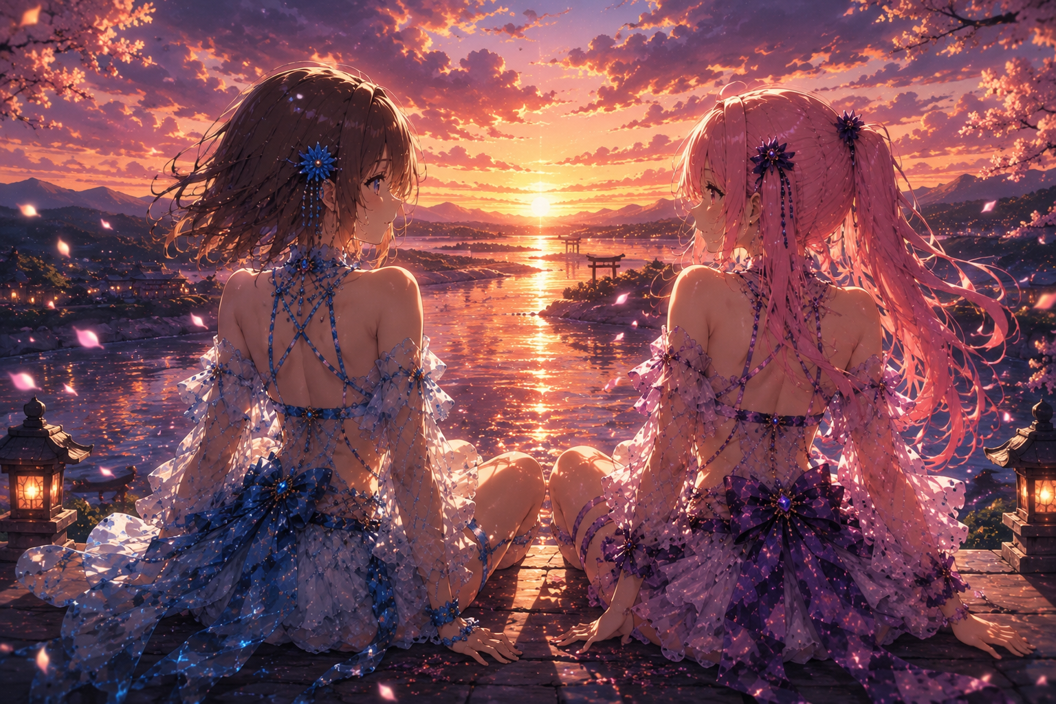 夕陽に染まる水辺を並んで眺める氷と紫炎の妖術巫女コンビ