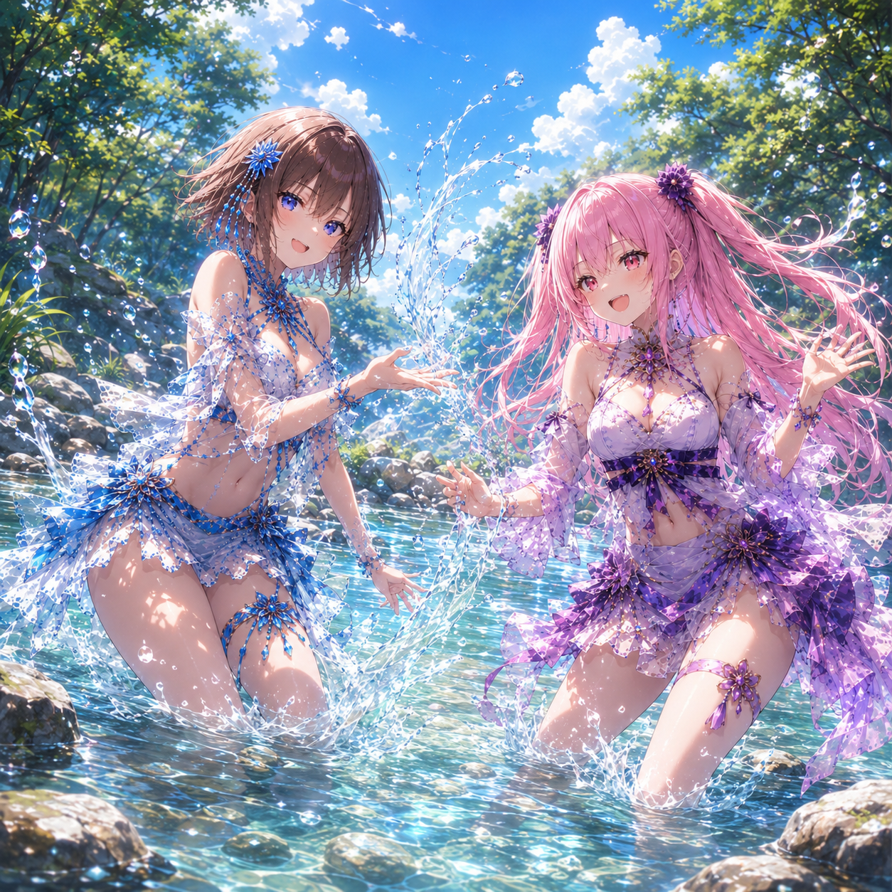 夏の清流で水遊びをする氷と紫炎の妖術巫女コンビ