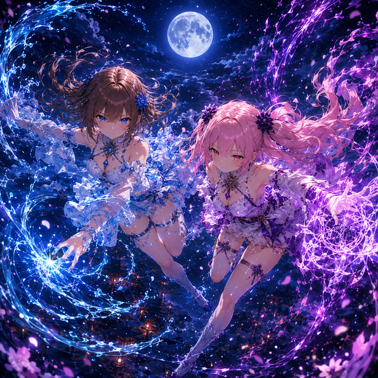 満月の夜空を水と紫炎をまとって飛ぶ妖術巫女コンビ