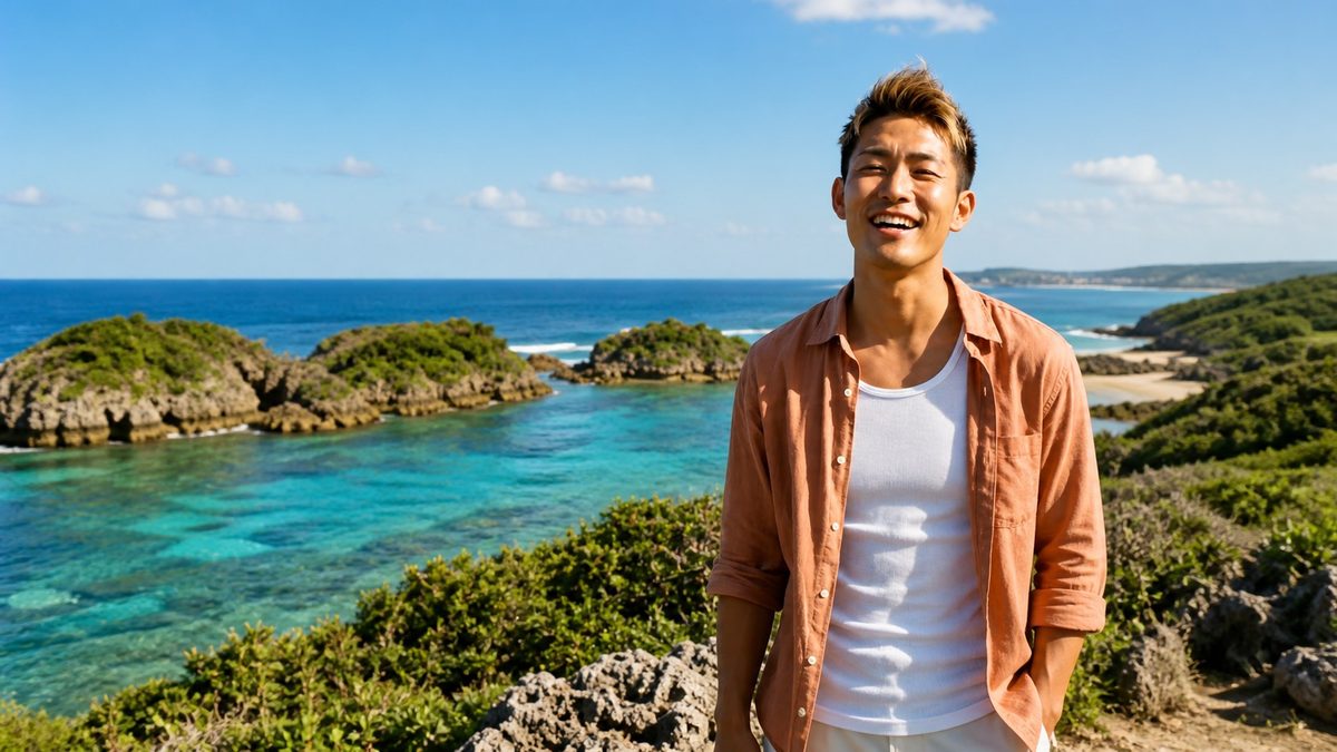 AIシンガー長堂太志のアーティストビジュアル（沖縄の海を背景にした立ち姿）