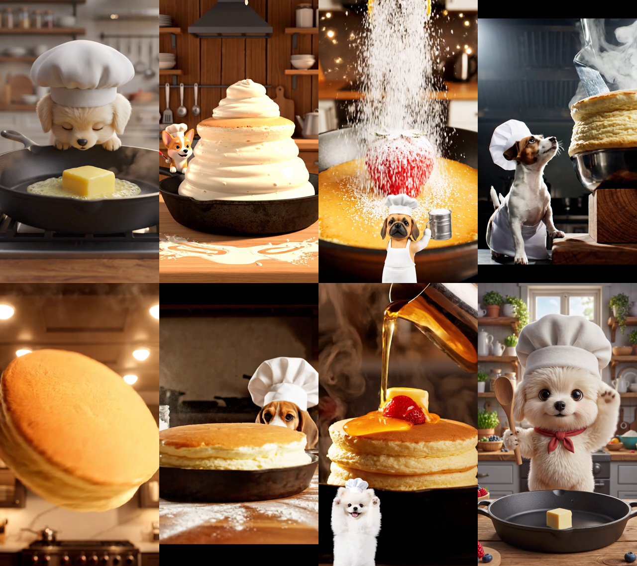 8カットの中間フレームを2列4段に並べた画像。料理と厨房は繋がっているが、映っている犬が毎回違う犬種になっている